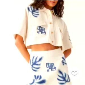 Aje Espirit Embroidered Cream and Blue Mini Pencil Skirt